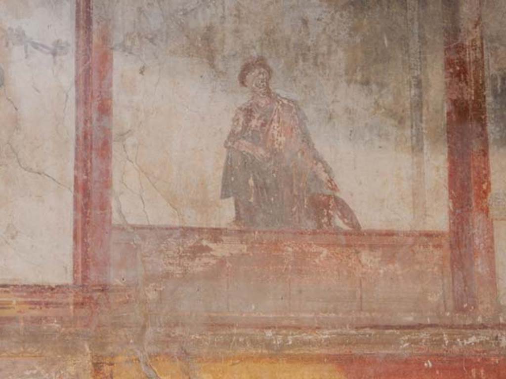 IX.3.5 Pompeii. May 2015. Room 13, detail of figure at upper west end of south wall.
Photo courtesy of Buzz Ferebee.