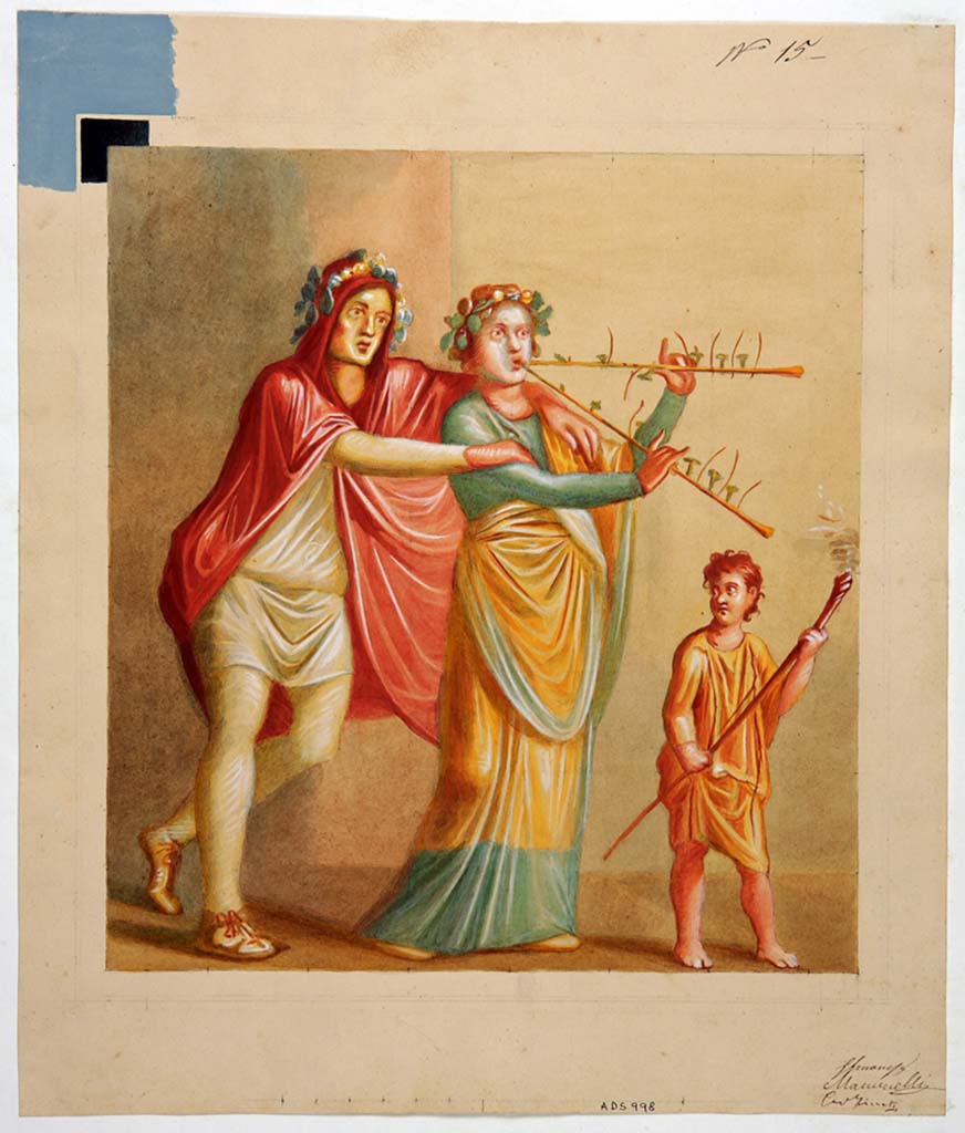 IX.3.5 Pompeii. Painting by Michele Mastracchio, a copy of the wall painting of the musicians, from south wall of entrance corridor.
Now in Naples Archaeological Museum. Inventory number ADS 998.
Photo © ICCD. http://www.catalogo.beniculturali.it
Utilizzabili alle condizioni della licenza Attribuzione - Non commerciale - Condividi allo stesso modo 2.5 Italia (CC BY-NC-SA 2.5 IT)