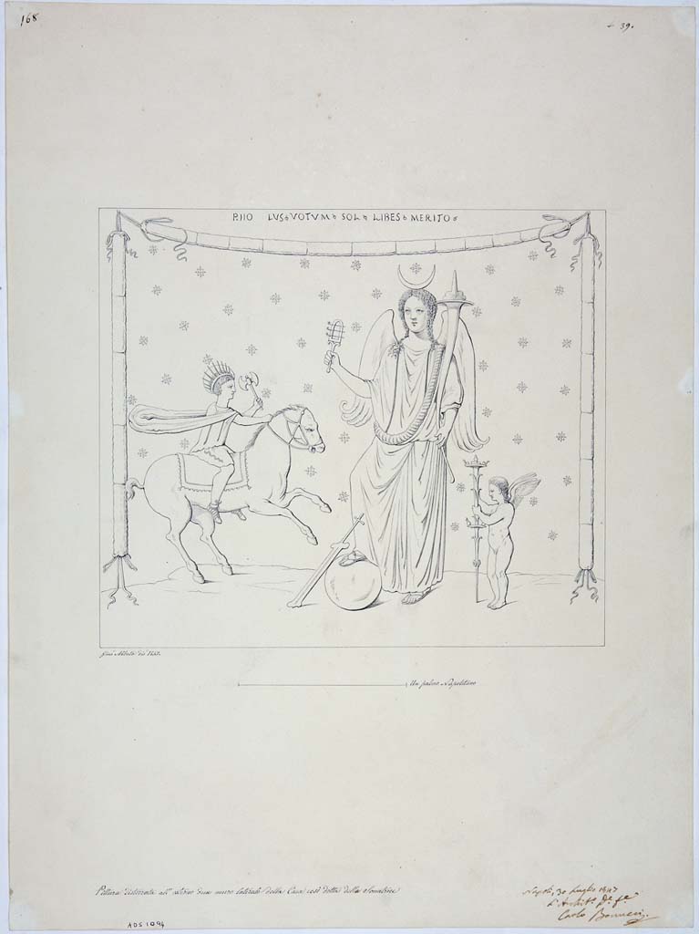 IX.3.7 Pompeii. Drawing by Giuseppe Abbate, 1847, of lararium painting with CIL IV 882, above it.
Now in Naples Archaeological Museum. Inventory number ADS 1094.
Photo � ICCD. http://www.catalogo.beniculturali.it
Utilizzabili alle condizioni della licenza Attribuzione - Non commerciale - Condividi allo stesso modo 2.5 Italia (CC BY-NC-SA 2.5 IT)
