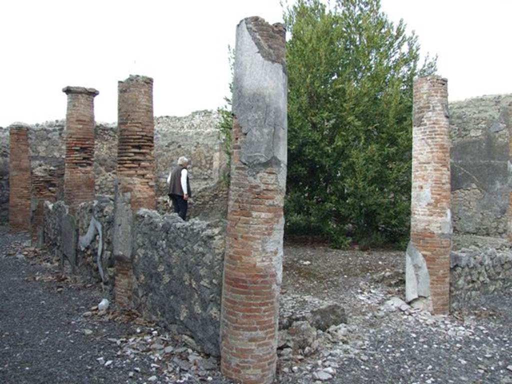 IX.3.15 Pompeii. March 2009. Room 12, garden area, looking north-east. According to Jashemski, �The garden at the rear originally was enclosed on the north, west and south, by a portico supported by eight stuccoed brick columns and two engaged columns which were joined by a low wall, broken by an entrance to the garden on the south.�
See Jashemski, W. F., 1993. The Gardens of Pompeii, Volume II: Appendices. New York: Caratzas. (p.234, no.481).
