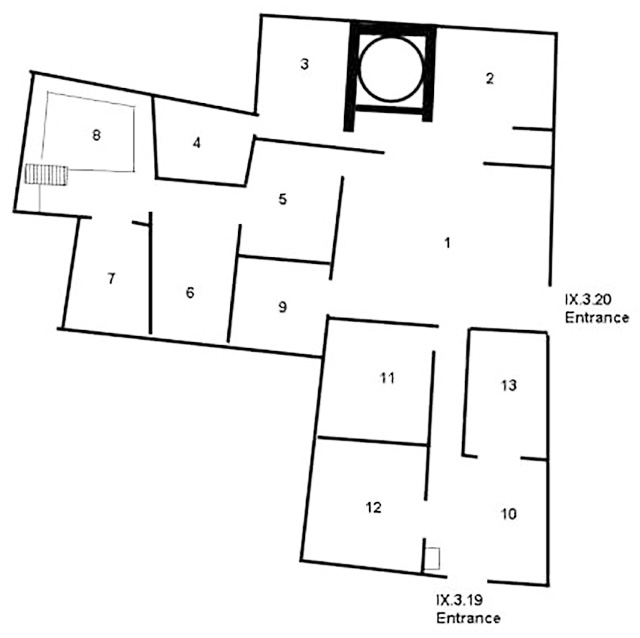 IX.3.19 Pompeii. Shop and rooms. Taberna T. Genialis
IX.3.20 Pompeii. Bakery
Combined Room Plan