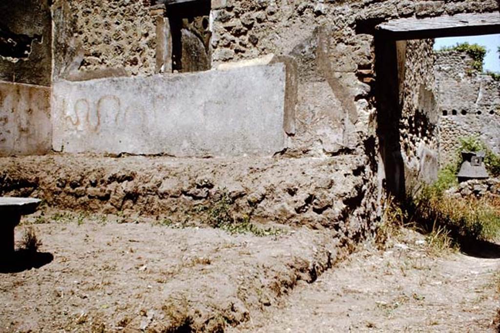 IX.3.20 Pompeii. 1964. Room 8, garden area. East wall with raised planting bed or bench and painted serpent. Photo by Stanley A. Jashemski.
Source: The Wilhelmina and Stanley A. Jashemski archive in the University of Maryland Library, Special Collections (See collection page) and made available under the Creative Commons Attribution-Non Commercial License v.4. See Licence and use details.
J64f1636