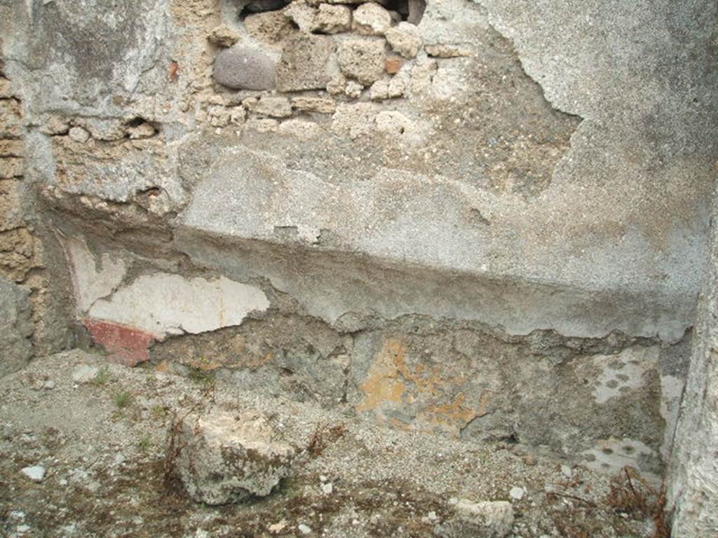 IX.3.25 Pompeii. May 2005. East wall of cubiculum. This may be the wall on which was inscribed above a marriage bed, the names of the couple who slept there: 
L(ucius)  Clodius Varus
Pelagia  coniunx    [CIL IV 2321]    (Lucius Clodius Varus and his wife Pelagia)
A second inscription, to the left of the above one, was also found.
This just gave the one same name again
L(ucius)  Clodius  Varus
and was given the same CIL number.
See Varone, A., 2002. Erotica Pompeiana: Love Inscriptions on the Walls of Pompeii, Rome: L�erma di Bretschneider. (p.160)
Della Corte agreed and �in homage to the opinion expressed by Fiorelli� said it was the house of the named couple.
See Della Corte, M., 1965.  Case ed Abitanti di Pompei. Napoli: Fausto Fiorentino. (p. 160)
