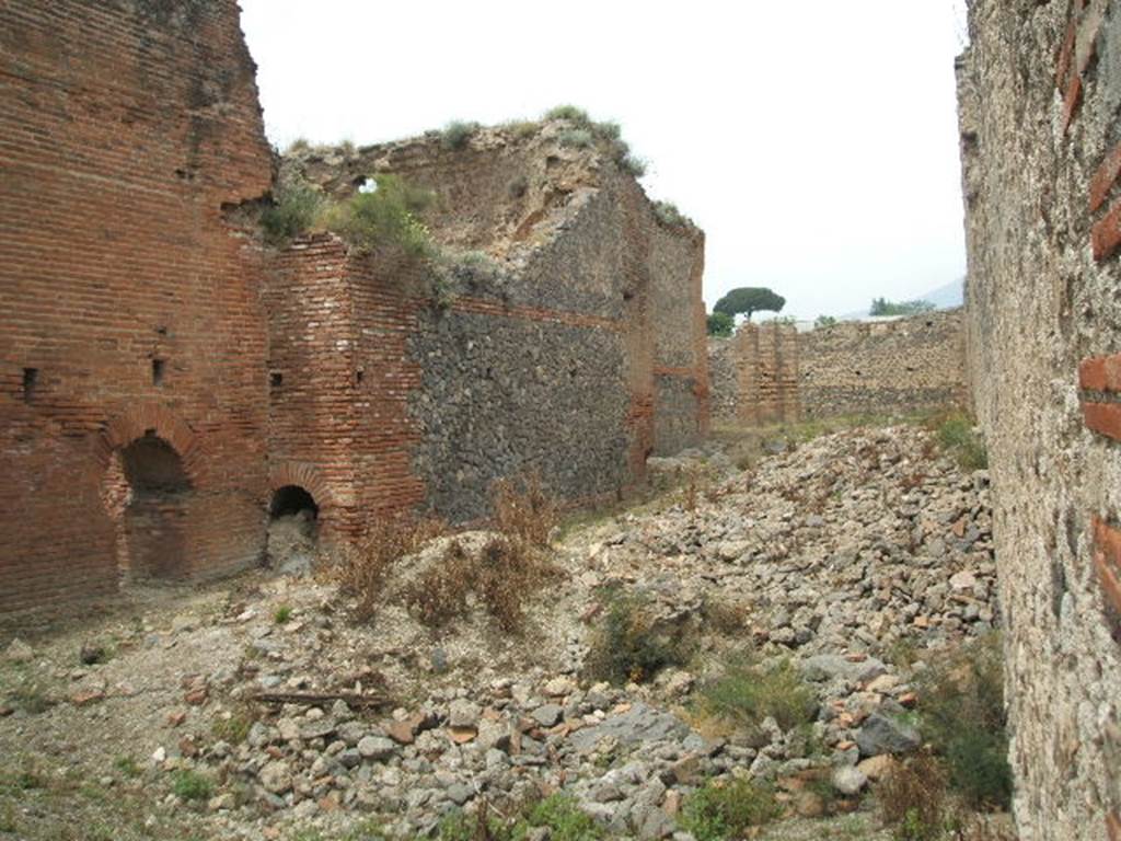 IX.4.15 Pompeii. May 2005. Looking north from entrance into area �t�. The exterior wall of the laconicum (sweating room) �r� can be seen in the centre of the picture. Three pilasters can be seen to the north of the wall in open area �u�. According to Mau
�Between the rooms of the Baths and the eastern vicolo, there was only an area of open space, accessible by the two doorways from the eastern vicolo, and from which by a corridor you would pass into the vestibule [�i�].  In the northern part are 3 pilasters of brick and limestone cut to look like masonry bricks, and it seems that they should have supported a roof  that in the guise of a portico would have covered the north side, and a part of the west side�. See BdI, 1878, (p253 of pages 251- 254). 
