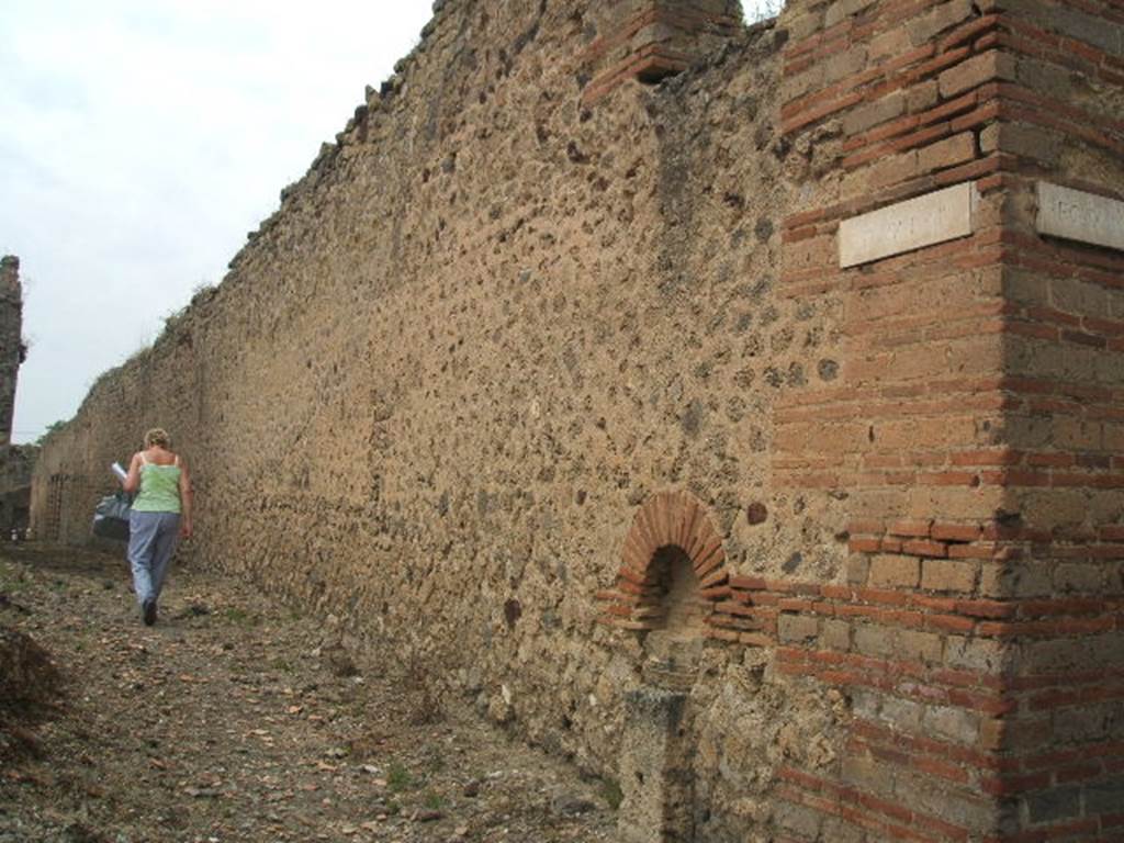 Unnamed vicolo between IX.3 and IX.4. May 2005.  North side. Looking west from junction with Vicolo di Tesmo along the exterior south wall of area �t� of the baths complex.