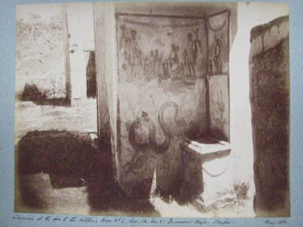 IX.5.2 Pompeii. Corridor �w�, lararium at the doorway to kitchen �s� and adjacent to entrance IX.5.22.
May 1886. Photograph courtesy of Society of Antiquaries, Fox Collection.
According to Boyce, the lararium was painted on two sides of a recess, each side bordered with red stripes.
In the centre on the east wall was an altar, between the Genius and two young men, apparently camilli.
On the left, behind the camilli, stood the tibicen, of smaller proportions than the other figures.
Behind the Genius was another Camillus, also small.
On each side of this group of five figures, stood a Lar, larger than the other figures.
Below this group, a bearded and crested serpent coiled towards the tufa altar in the corner of the east and south wall of the recess.
The tufa altar had been altered to fit into its new position in the corner, and then covered with a thick layer of stucco.
On the upper south wall of the recess, Vesta was painted, pouring a libation onto a yellow painted altar.
At her side stood an ass wearing a wreath of leaves. Vesta held a red halter attached to the ass�s muzzle.
Below Vesta was a single painted plant.
See Boyce G. K., 1937. Corpus of the Lararia of Pompeii. Rome: MAAR 14. (p.85, no.419, and Pl.16,2) 


