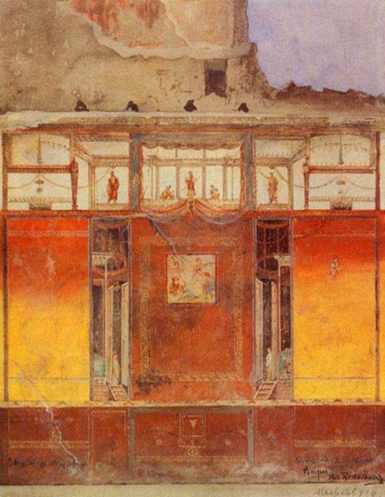 IX.5.6 Pompeii. Room 10, tablinum, west wall with painting of Paris and Oinone in the centre. 1886 painting by Alfred Rettelbusch. Photo courtesy of � Kulturhistorisches Museum Magdeburg.