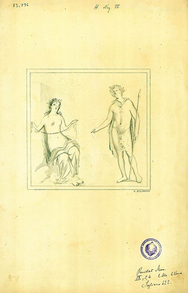IX.5.6 Pompeii. Room 5, ala, on the south wall was a wall painting of a young girl wearing a yellow and blue robe.
She is sitting on a rock and holding a garland in her hands.
Looking towards her was a young man with a lance, wearing a red cloak.
DAIR 83.236. Photo � Deutsches Arch�ologisches Institut, Abteilung Rom, Arkiv. 
See http://arachne.uni-koeln.de/item/marbilder/5343136
