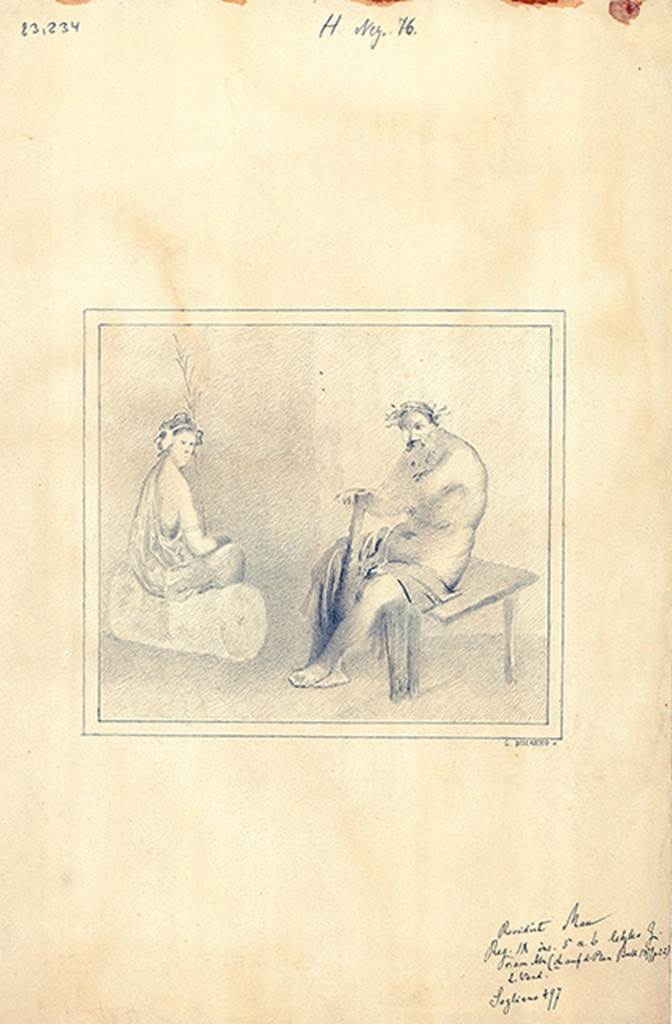 IX.5.6 Pompeii. Room h, central painting from the south wall.
Copy by G Discanno of painting of Hercules with a woman with a palm leaf, possibly Hebe.
DAIR 83.234. Photo � Deutsches Arch�ologisches Institut, Abteilung Rom, Arkiv. 
See Sogliano, A., 1879. Le pitture murali campane scoverte negli anni 1867-79. Napoli: Giannini, no. 497.
See Bragantini, de Vos, Badoni, 1986. Pitture e Pavimenti di Pompei, Parte 3. Rome: ICCD, p. 458.

