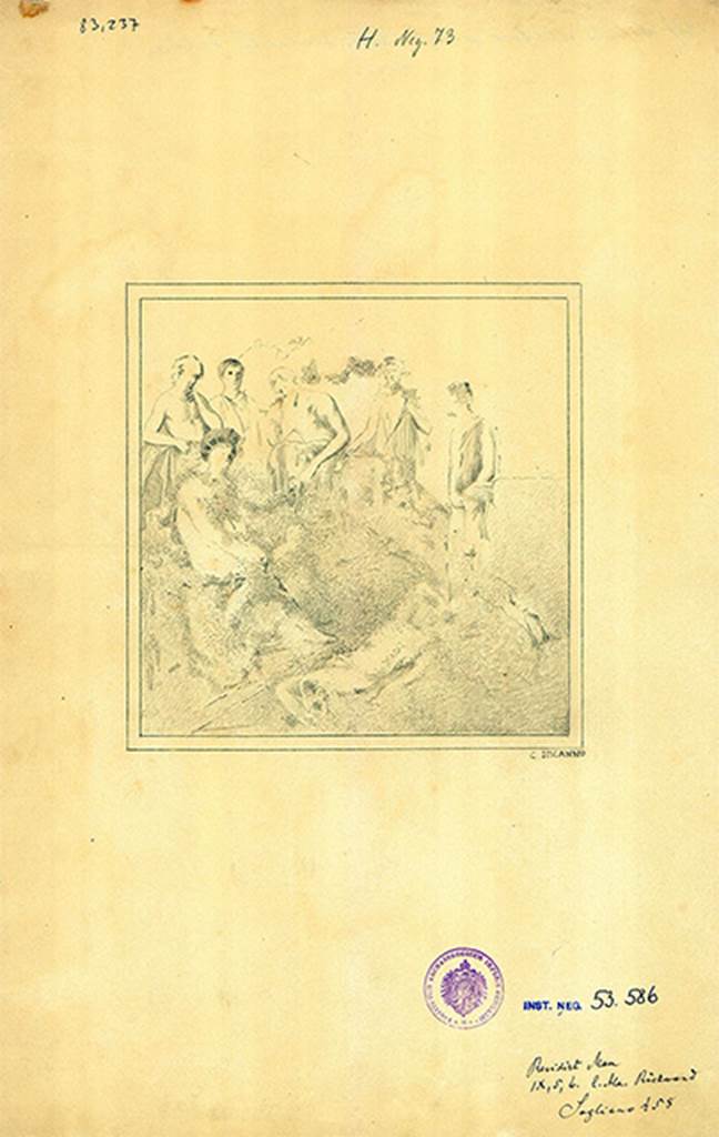 IX.5.6 Pompeii. Room e, ala, on east side of atrium, drawing by Discanno of the central painting from the east wall.
The painting was found in a bad condition but showed the divinity of light, Apollo-Sol, sitting on a rock. 
According to PPM it may be the death of Orion because the spears and hunting dogs show it was a hunter.
An alternative could be the death of Adonis, but it is not possible to make any clear identification of Venus.
DAIR 83.267. Photo � Deutsches Arch�ologisches Institut, Abteilung Rom, Arkiv. 
See Schefold, K., 1957. Die Wande Pompejis. Berlin: De Gruyter. (p.253)
See Carratelli, G. P., 1990-2003. Pompei: Pitture e Mosaici: Vol IX. Roma: Istituto della enciclopedia italiana, p. 423.
See Sogliano, A., 1879. Le pitture murali campane scoverte negli anni 1867-79. Napoli: Giannini, 458.

