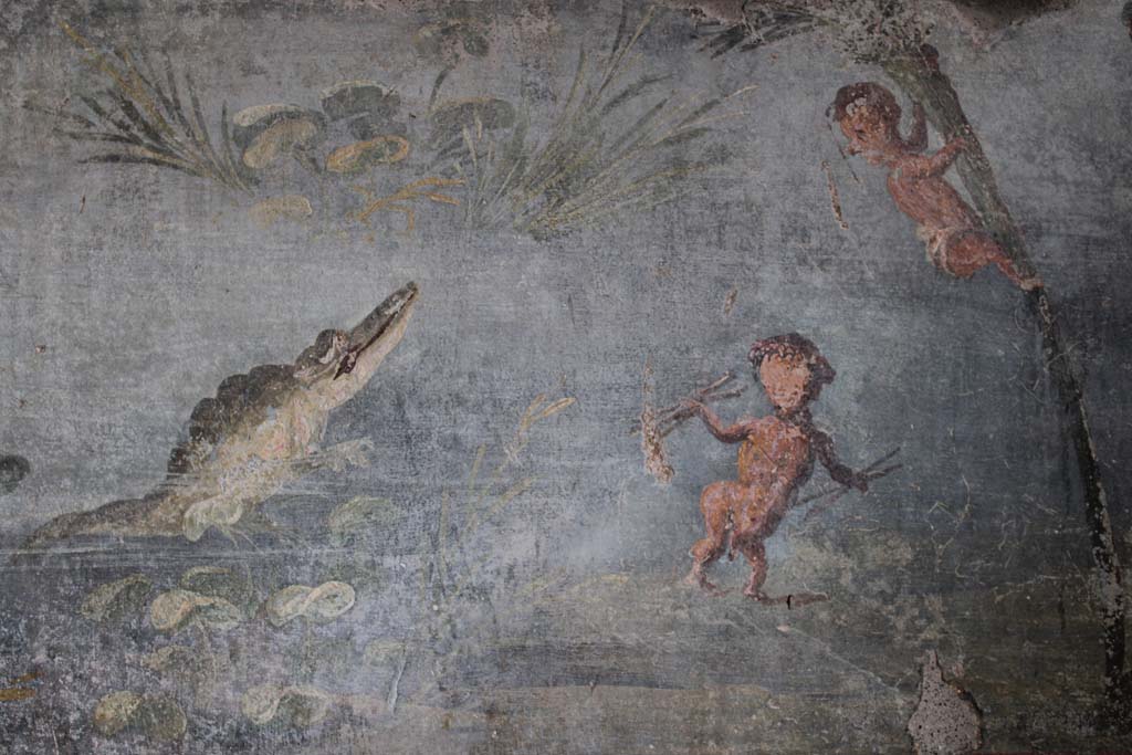 IX.5.9 Pompeii. May 2019. Room l (L), detail from a scene of crocodile with two pygmies.  
Foto Christian Beck, ERC Grant 681269 D�COR.

