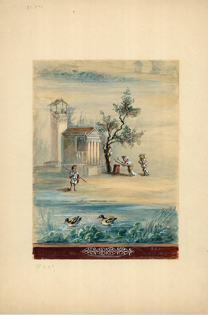 IX.5.9 Pompeii. 3rd June 1880. Room 8, painting by an unknown artist of wall decoration from south wall, west end.
It is described on the painting as �Fortuna No.9�.
DAIR 83.240. Photo � Deutsches Arch�ologisches Institut, Abteilung Rom, Arkiv.
