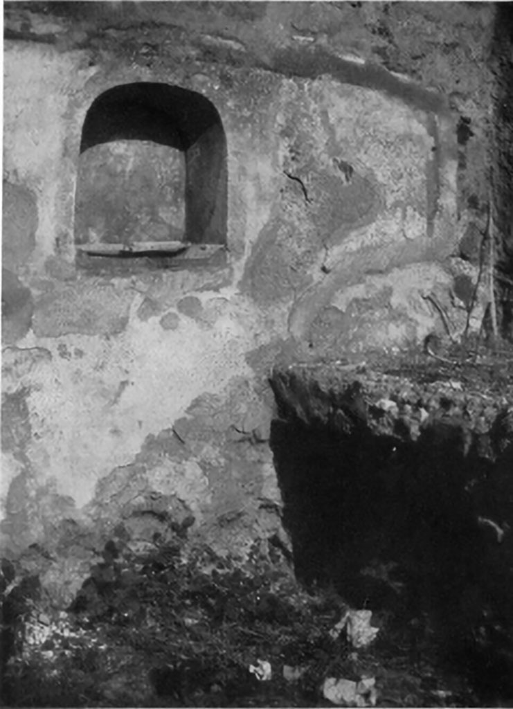 IX.5.9 Pompeii. 1930s photo by Tatiana Warscher. Room �n�, arched niche in north wall of kitchen. 
According to Boyce, a burning altar was painted on the wall on each side of the niche, with a yellow serpent gliding towards it between plants and flowers.
See Boyce G. K., 1937. Corpus of the Lararia of Pompeii. Rome: MAAR 14. (p. 86, no. 423, Plate 2,4) 

