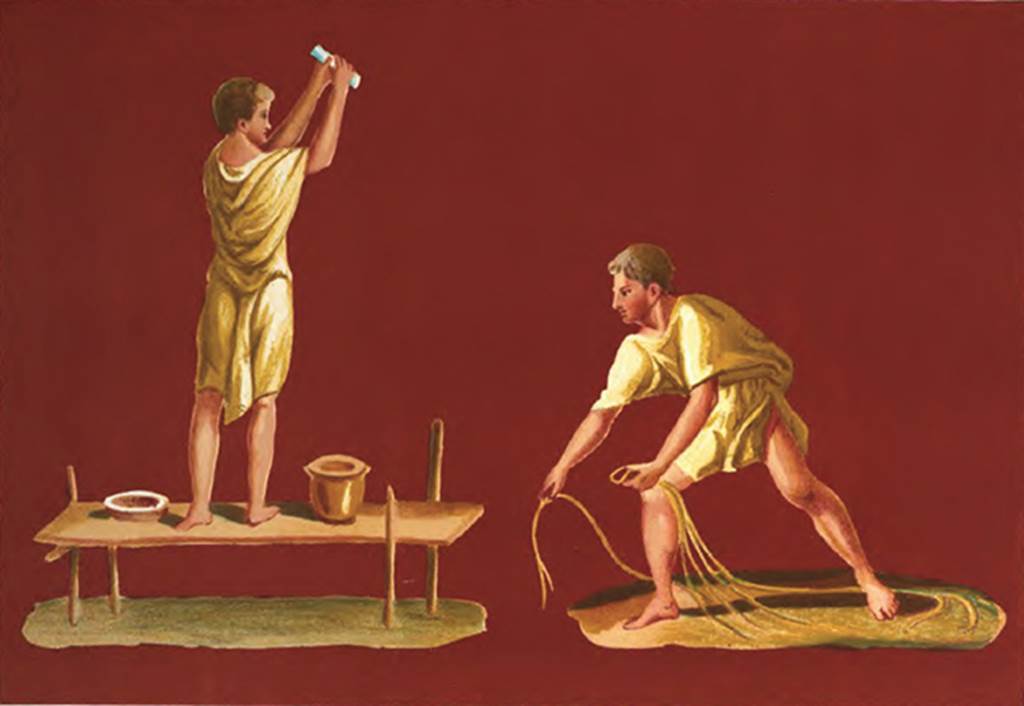 IX.5.9 Pompeii. 1878 copy of paintings from east wall of peristyle “i”.
On the left is a plasterer or stuccoer at work smoothing plaster (Sogliano 655).
On the right is a man with a net, possibly a fisherman? (Sogliano 656).
See Presuhn E., 1878. Pompeji: Die Neuesten Ausgrabungen von 1874 bis 1878. Leipzig: Weigel. (VII, Plate V)
See Mau, A., 1907, translated by Kelsey F. W. Pompeii: Its Life and Art. New York: Macmillan. (p. 385).
See Sogliano, A., 1879. Le pitture murali campane scoverte negli anni 1867-79. Napoli: Giannini. (p. 135-6, no. 655, 656).