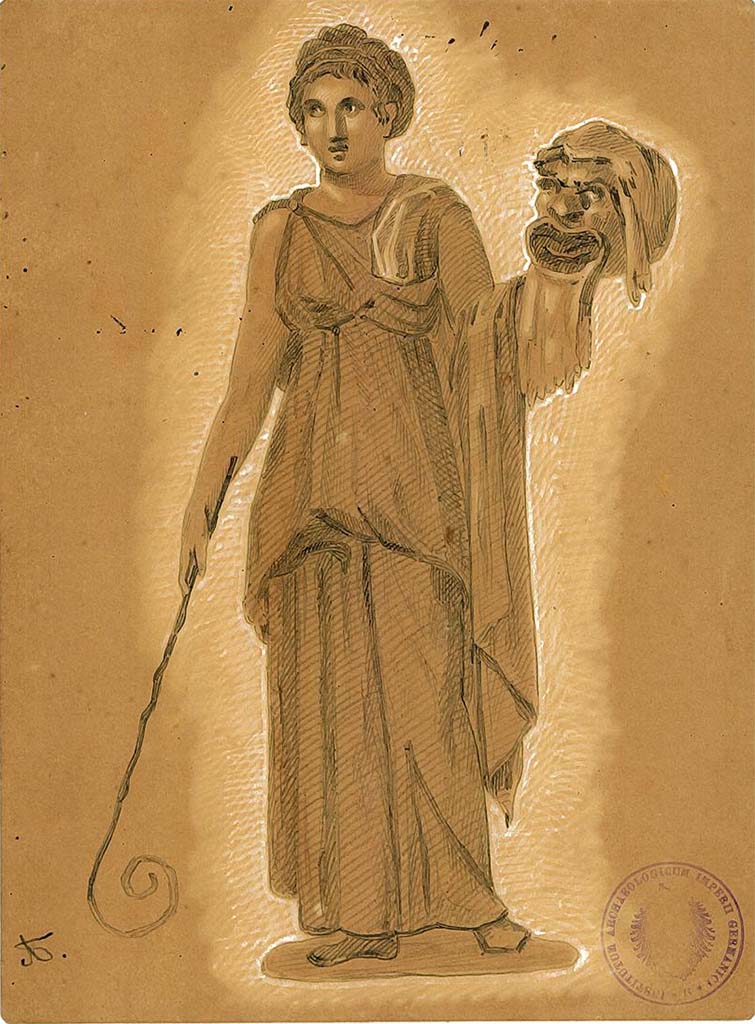 IX.5.11 Pompeii. Room 6, oecus, east wall.
Undated drawing (between 1877-1888) by A. Sikkard of Muse Thalia with comic mask and shepherds� crook.
DAIR 83.247. Photo � Deutsches Arch�ologisches Institut, Abteilung Rom, Arkiv.

