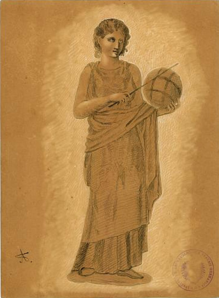 IX.5.11 Pompeii. Room 6, oecus, south wall.
Undated drawing (between 1877-1888) by A. Sikkard of Muse Urania with globe and pen (stilo),
DAIR 83.248. Photo � Deutsches Arch�ologisches Institut, Abteilung Rom, Arkiv.
