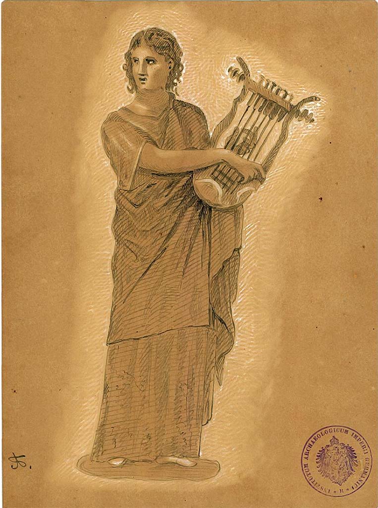 IX.5.11 Pompeii. Room 6, oecus, west wall. 
Undated drawing (between 1877-1888) by A. Sikkard of Muse Erato in attitude of playing the lyre.
DAIR 83.251. Photo � Deutsches Arch�ologisches Institut, Abteilung Rom, Arkiv.
