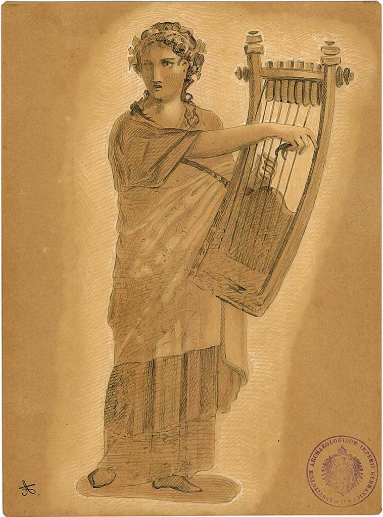 IX.5.11 Pompeii. Room 6, oecus, north wall. 
Undated drawing (between 1877-1888) by A. Sikkard of Muse Terpsichore playing the zither.
DAIR 83.253. Photo � Deutsches Arch�ologisches Institut, Abteilung Rom, Arkiv.
