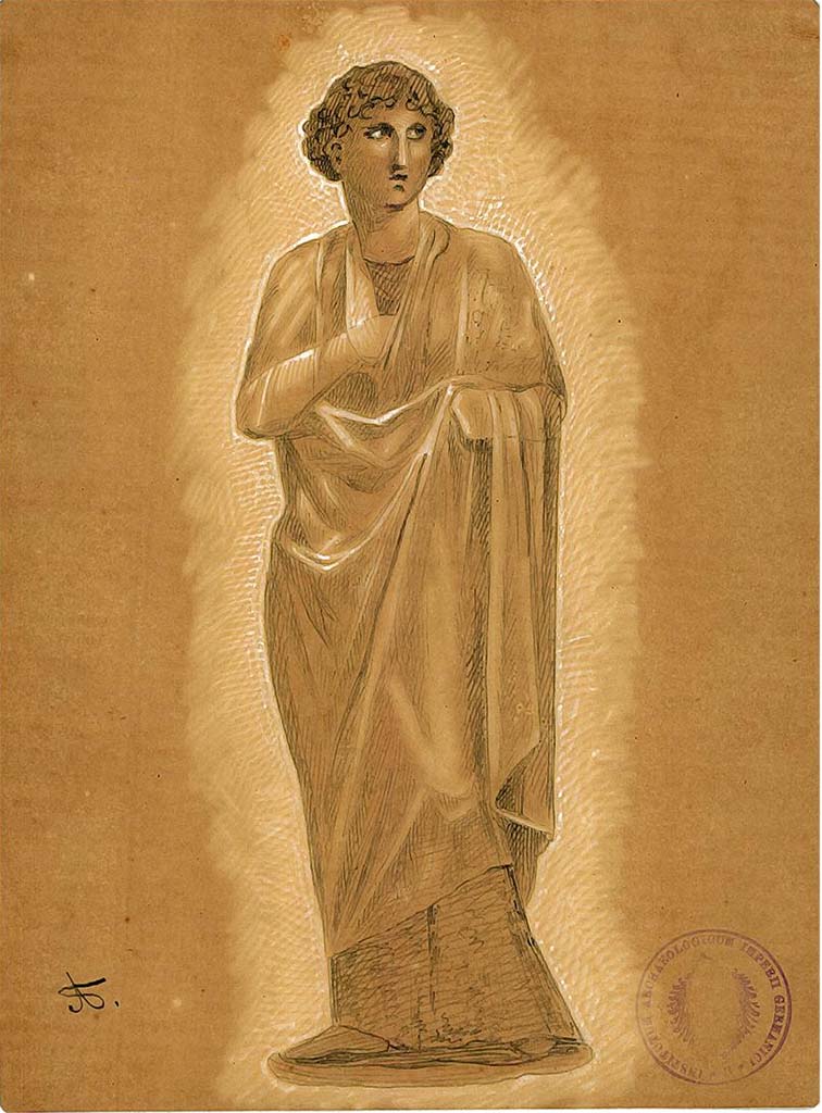 IX.5.11 Pompeii. Room k, oecus, from panel on north wall on west side of doorway. 
Undated drawing (between 1877-1888) by A. Sikkard of Muse Polyhymnia wrapped in her cloak.
DAIR 83.254. Photo � Deutsches Arch�ologisches Institut, Abteilung Rom, Arkiv.


