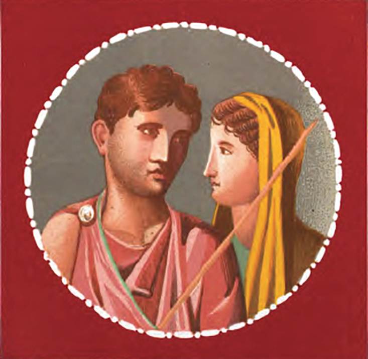 IX.5.11 Pompeii. 1878. Room 8, ala south wall, painting of portrait medallion Hippolytus and Phaedra.
See Presuhn E., 1878. Pompeji: Die Neuesten Ausgrabungen  von 1874 bis 1878. Leipzig: Weigel. (VII, Plate II).
See Schefold, K., 1957. Die W�nde Pompejis. Berlin: De Gruyter. (p. 259)
