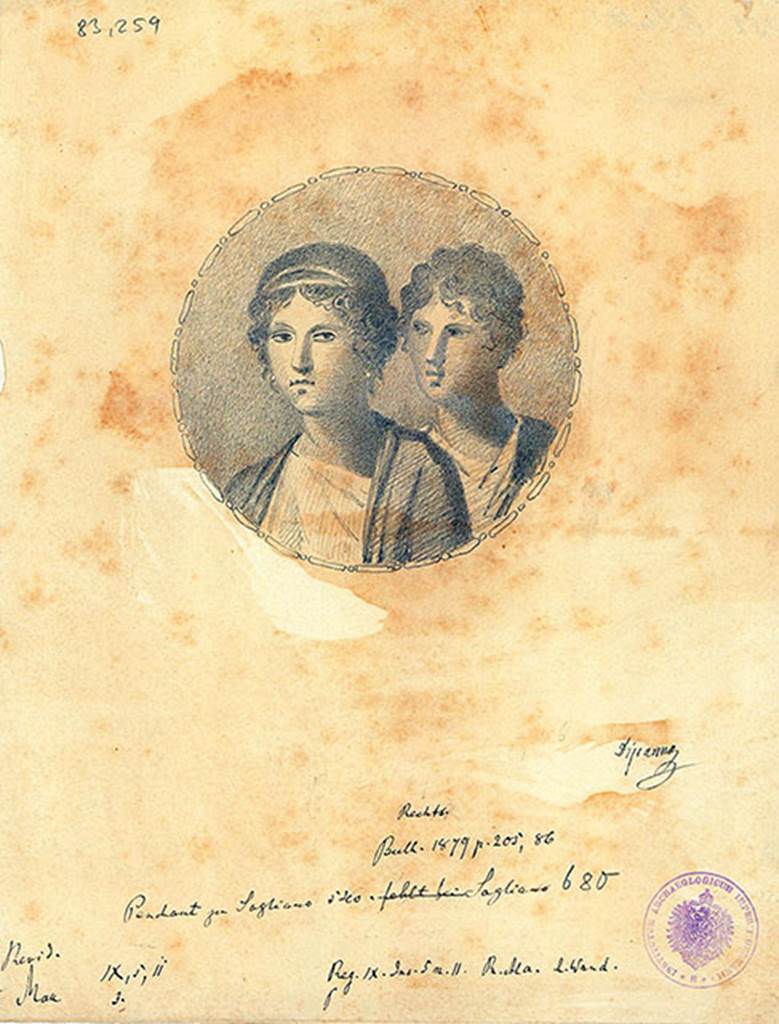 IX.5.11 Pompeii. Room 8, ala, centre panel of south wall, copy by Discanno of portrait medallion of two lovers.
DAIR 83.259. Photo � Deutsches Arch�ologisches Institut, Abteilung Rom, Arkiv. 
See http://arachne.uni-koeln.de/item/marbilder/5343159
