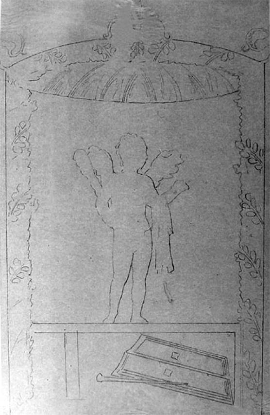 IX.5.11 Pompeii. Room 3, drawing by Discanno showing a Cupid with a club, and seen under in the small purple rectangles were two fighters with daggers. 
This would have been seen on the north wall, east end, according to PPM. (North wall, west side according to PPP).
According to Mau and Fiorelli, it would have been seen on the south wall -
�On the wall to the right was a Cupid with a club, and underneath in a small rectangle with a purple background one saw some fighters with daggers: on the wall to the left, finally we have another Cupid, that had a bunch of grapes in the right hand, and in his left an unidentifiable object, underneath in a rectangle with a purple background, one saw an open volume with some black words, partly vanished and difficult to understand.�
See NdS, 1877, (p.248)
Sogliano describes the two Cupids as being from the east ala, but does not give a wall location.
See Sogliano, A., 1879. Le pitture murali campane scoverte negli anni 1867-79. Napoli: Giannini. (p.53, nos 249 and 250)
