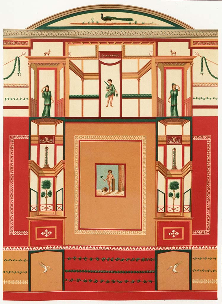 IX.5.11 Pompeii. 1890. Room i, north wall of triclinium.
See Niccolini F, 1890. Le case ed i monumenti di Pompei: Volume Terzo. Napoli, p. 27, L�Arte in Pompei, Tav. XLIII.
