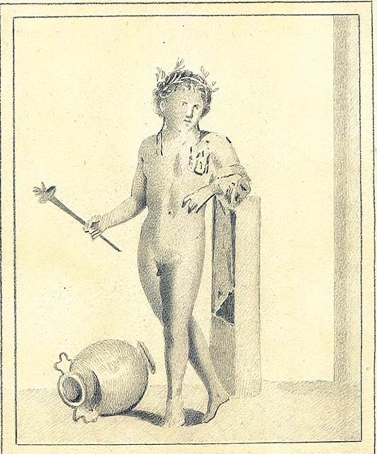 IX.5.11 Pompeii. 1880. Room 4, north wall of triclinium. 
Copy by Discanno of painting of Bacchus with thyrsus or a victorious athlete.
DAIR 83.243. Photo � Deutsches Arch�ologisches Institut, Abteilung Rom, Arkiv.  
See http://arachne.uni-koeln.de/item/marbilder/5343143
