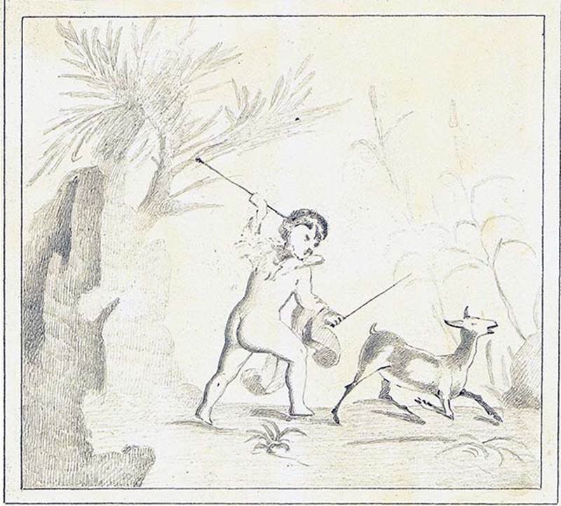 IX.5.11 Pompeii. Room 4, east wall of triclinium. Copy by Discanno of painting of cupid hunting a goat.
According to Bragantini, this was found at the north end of the east wall.
DAIR 83.244. Photo � Deutsches Arch�ologisches Institut, Abteilung Rom, Arkiv. 
See http://arachne.uni-koeln.de/item/marbilder/5343144
See Bragantini, de Vos, Badoni, 1986. Pitture e Pavimenti di Pompei, Parte 3. Rome: ICCD. (p.476)
