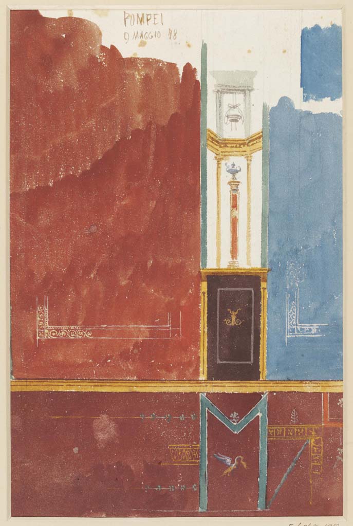 IX.5.11 Pompeii. 9th May 1878. Room 5, east wall of tablinum, with red side panel and unusual blue central panel.
Watercolour by Luigi Bazzani.
Described as �preliminary study of painted wall-decoration in a house in the Vicolo del Gallo at Pompeii�, whereas this would be on the south side of the Via Nola.
Photo � Victoria and Albert Museum. Inventory number 6268-1910.

