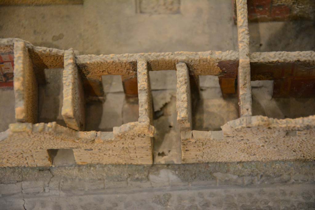 IX.5.15, on left, and IX.5.14 Pompeii, in centre. July 2017.
Looking west from Vicolo del Centenario towards entrances doorways and room g, on left (south) of entrance corridor, and room c on the right (north) side.
From cork model in Naples Archaeological Museum.
Foto Annette Haug, ERC Grant 681269 DÉCOR