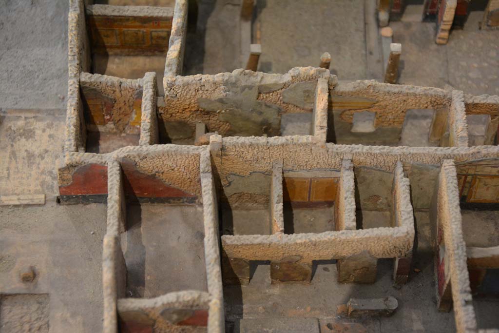 IX.5.14 Pompeii. July 2017. On the lower left is room f, triclinium in north-west corner of atrium.
In the upper left is the peristyle k, with cubiculum l (L) on its north side.
Above that are rooms from IX.5.9 on the rear side of the peristyle area.
On the lower right are rooms on the west side of the garden triclinium of IX.5.11.
From cork model in Naples Archaeological Museum.
Foto Annette Haug, ERC Grant 681269 DÉCOR