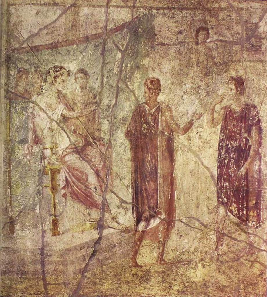 IX.5.14 Pompeii. Room �f�, centre of north wall of triclinium. Painting of two men before a seated queen.
According to PPM this is of uncertain identification.
More recently it has been suggested that it may be Dido receiving Aeneas for the first time.
Now in Naples Archaeological Museum. Inventory number 111480.
See Strocka V. M., 2006. Aeneas, not Alexander: Jahrbuch des Deutschen Arch�ologischen Instituts, Volume 121, p. 302, abb. 19.
See Carratelli, G. P., 1990-2003. Pompei: Pitture e Mosaici.  Roma: Istituto della enciclopedia italiana, Vol. IX, p. 623. 

