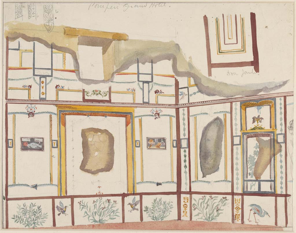 IX.5.16 Pompeii. c.1879. Painting by Sydney Vacher, showing details of ala c�.
Looking towards east wall with window overlooking roadway, south-east corner, and part of south wall. 
The �still-life� painting of food and drink below, can be seen in the centre of the panel at the south end of the east wall.
At the left of the painting is a panel with an apple and a dead dove as described by Schefold.
See Schefold, K., 1957. Die W�nde Pompejis. Berlin: De Gruyter, p. 261. 
Photo � Victoria and Albert Museum, inventory number E.4392-1910. 
(Note: this was described as �Pompeii Grand Hotel� on the painting).
