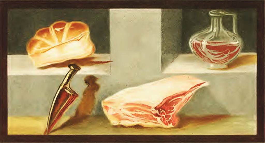 IX.5.16 Pompeii. 1881. Copy of a still life painting found in the ala c�.
According to Presuhn, the best piece of beef, fresh bread and dark red wine
invite the guests to feast.
See Presuhn E., 1882. Pompeji: Die Neuesten Ausgrabungen  von 1874 bis 1881. Leipzig: Weigel. (VIII, p. 6, Plate VII).
