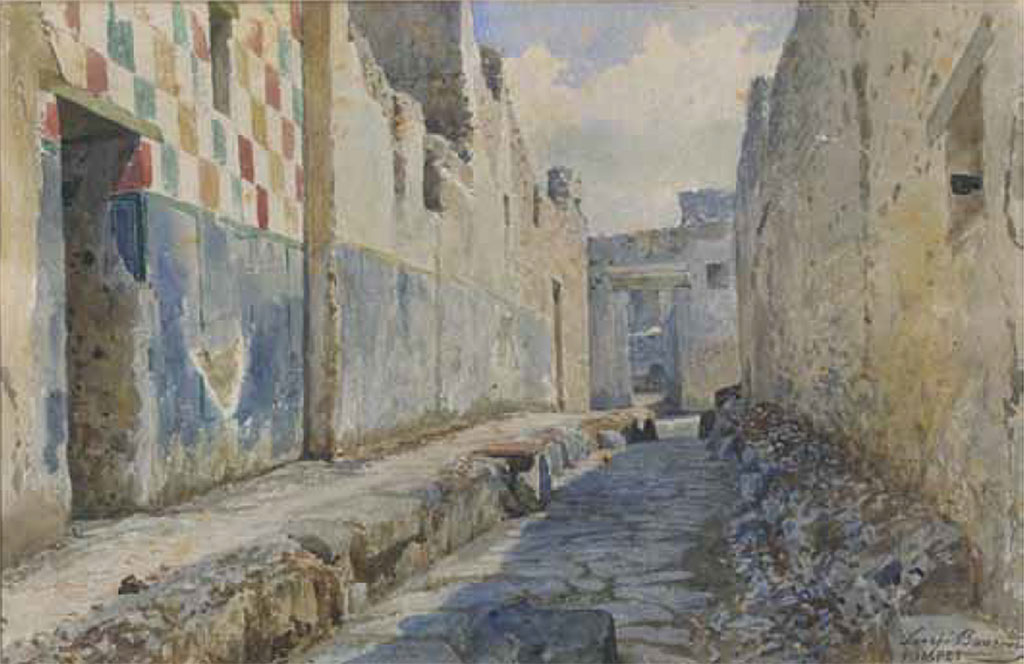IX.5.17 Pompeii, entrance doorway on left, in unnamed vicolo between IX.5 and IX.6.
The entrance doorway to IX.5.16 can be seen in the centre. At the end of the vicolo, the houses of IX.8 can be seen.
Watercolour by Luigi Bazzani, Vicolo a Sud dell’Insula IX 5.
Now in Naples Archaeological Museum. Inventory number 139477.