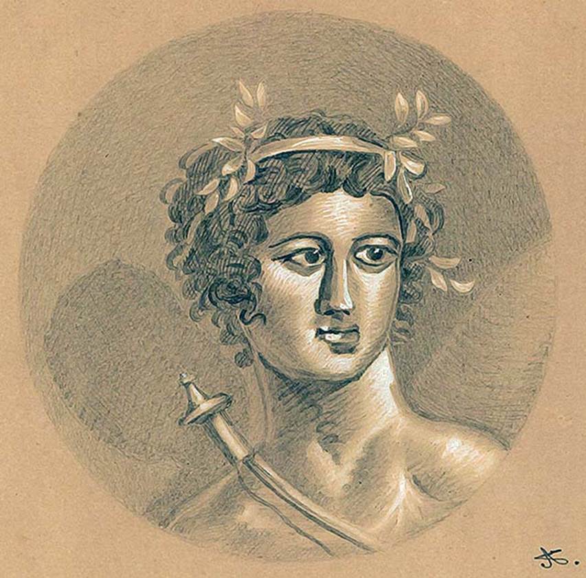IX.5.18 Pompeii. Room l, room to the south of oecus in north-east corner. North wall, west end.
Drawing by August Sikkard of the Bust of Apollo.
DAIR 83.285. Photo © Deutsches Archäologisches Institut, Abteilung Rom, Arkiv.
See http://arachne.uni-koeln.de/item/marbilder/5343182