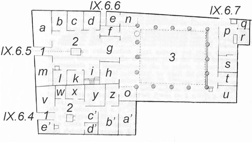 IX.6.4-7 Pompeii plan. Based on those in BdI and PPM. The differences are that BdI uses Greek letters for a to e in IX.6.4 and PPM uses a’ to e’ and adds 1, 2 and 3 for the fauces, atrium and peristyle. See BdI, September 1880, p.194. The house at IX.6.4 is linked to the peristyle of house IX.6.5 by a doorway in room ‘z’.