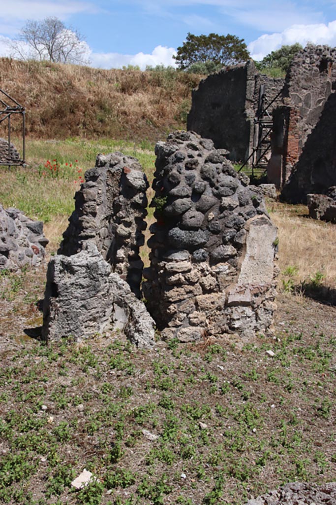 IX.6.4 Pompeii. May 2024.
Room “v”, remaining pilaster on north side of doorway to atrium. Photo courtesy of Klaus Heese.