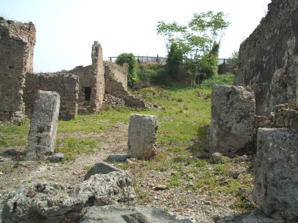 IX.6.4 Pompeii. May 2005. Looking east across site.
The eastern extent of the house can be seen across the centre of the photo, in the middle left.
The pile of stones in the middle centre of the picture, against the north-east wall of the kitchen, would be the site of the hearth, with site of lararium painting above it.
The wall with a doorway in room “z”, leading to the peristyle of IX.6.5, can be seen in the wall on the left.
According to Garcia y Garcia, during the night bombing of 16th September 1943, the prothyron, the atrium and four nearby rooms adjoining the south and south-west of this house were hit by a bomb. The pavement and street outside were also damaged.
Another bomb destroyed a good part of the large room on the east of the house and the perimeter eastern wall of the room on the north-east.
See Garcia y Garcia, L., 2006. Danni di guerra a Pompei. Rome: L’Erma di Bretschneider. (p.153).