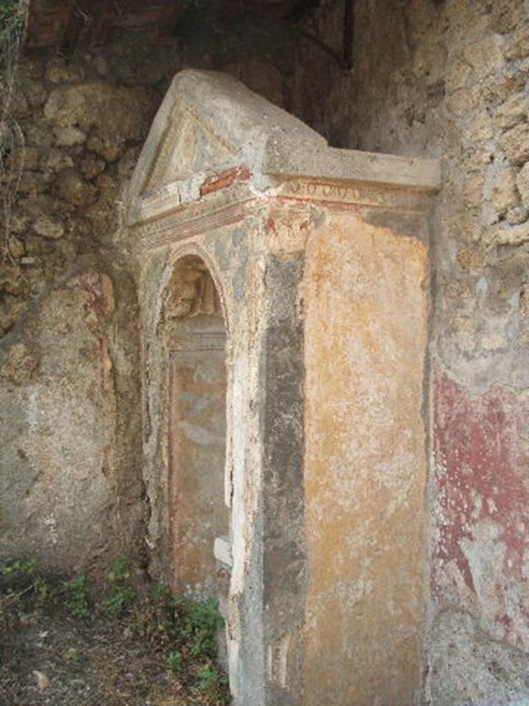 IX.6.8 Pompeii. May 2005. Painted stucco on north side of aedicula lararium.