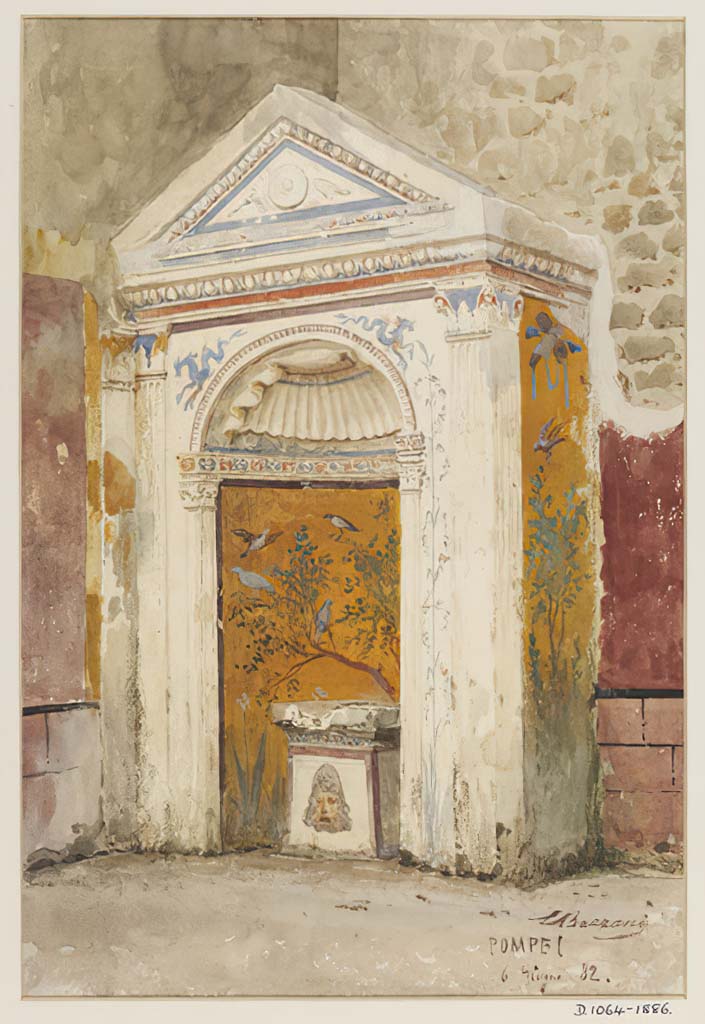 IX.6.8 Pompeii. 6th June 1882. Garden 9, south-west corner.
Frescoed fountain with birds and floral motif in Pompeii watercolour by Luigi Bazzani.
Photo © Victoria and Albert Museum. Inventory number 1064-1886.