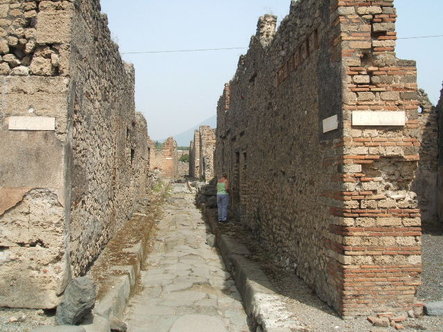 IX.6.a Pompeii. May 2005. Entrance doorway, looking north.
According to Eschebach, on the left was the hearth and steps to upper floor. See Eschebach, L., 1993. Gebäudeverzeichnis und Stadtplan der antiken Stadt Pompeji. Köln: Böhlau. (p.428). According to Varone, CIL IV 5203,5204 and 5206 were found on the wall between IX.6.a and IX.6.b (see IX.6.b for details).

