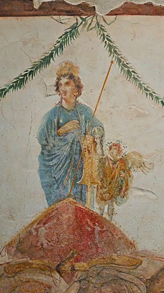 Between IX.7.7 and IX.7.6 Pompeii.
Detail of Venus riding in a chariot, from pilaster on east side of doorway.
From the exhibition “Pompei e Santorini”, Rome, 2019. Photo courtesy of Giuseppe Ciaramella.