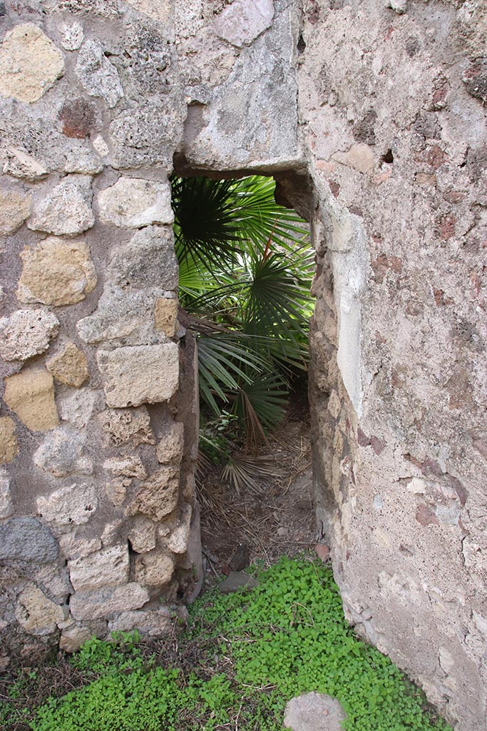 IX.7.19 Pompeii. October 2024. Corridor f, south wall.
Narrow doorway to room i, kitchen and latrine. Photo courtesy of Klaus Heese.