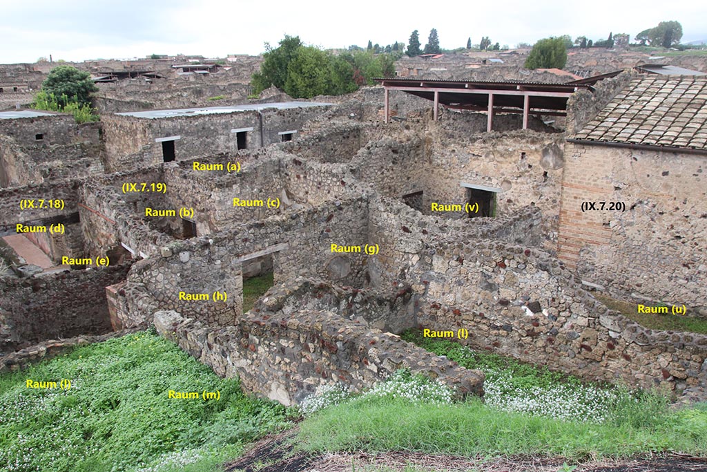 IX.7.19 Pompeii. October 2024.
Looking north-west from rear. The rooms on the right, (u) and (v) are part of IX.7.20. Photo courtesy of Klaus Heese.