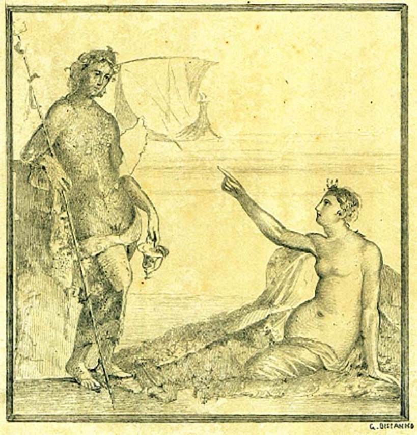 IX.7.20 Pompeii.  Wall painting by Discanno from room (L).
The meeting of Dionysus and Ariadne, with the departing boat of Theseus between them.
DAIR 83.312. Photo © Deutsches Archäologisches Institut, Abteilung Rom, Arkiv. 
Kuivalainen describes –
“A composition of two figures on the shore. ……………………….”
Kuivalainen comments –
“A half-naked Bacchus is observing Ariadne, who points her finger (accusingly?) at the newly arrived stranger or Theseus’ ship.”
See Kuivalainen, I., 2021. The Portrayal of Pompeian Bacchus. Commentationes Humanarum Litterarum 140. Helsinki: Finnish Society of Sciences and Letters, (p.154-5, E18).
