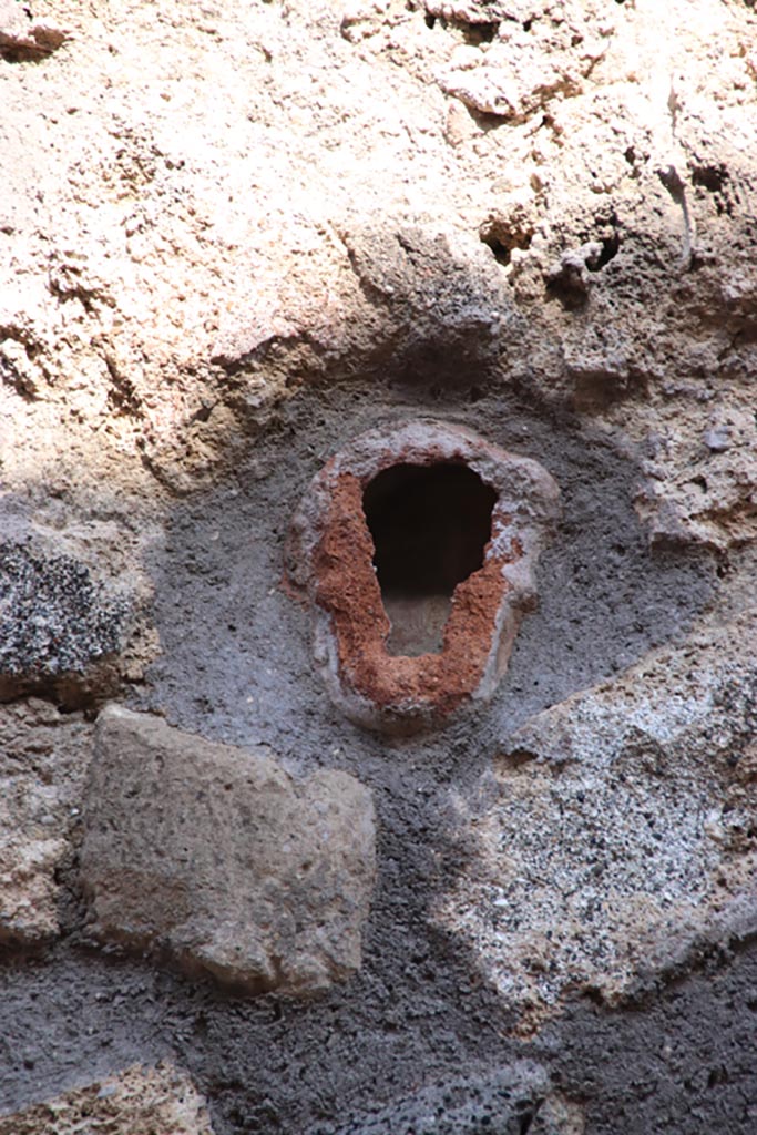 IX.7.21 Pompeii. Pompeii. October 2022.
Detail of remains of terracotta decoration embedded in wall. Photo courtesy of Klaus Heese.