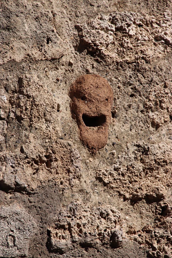 IX.7.21 Pompeii. Pompeii. October 2022.
Detail of terracotta mask decoration embedded in wall. Photo courtesy of Klaus Heese.