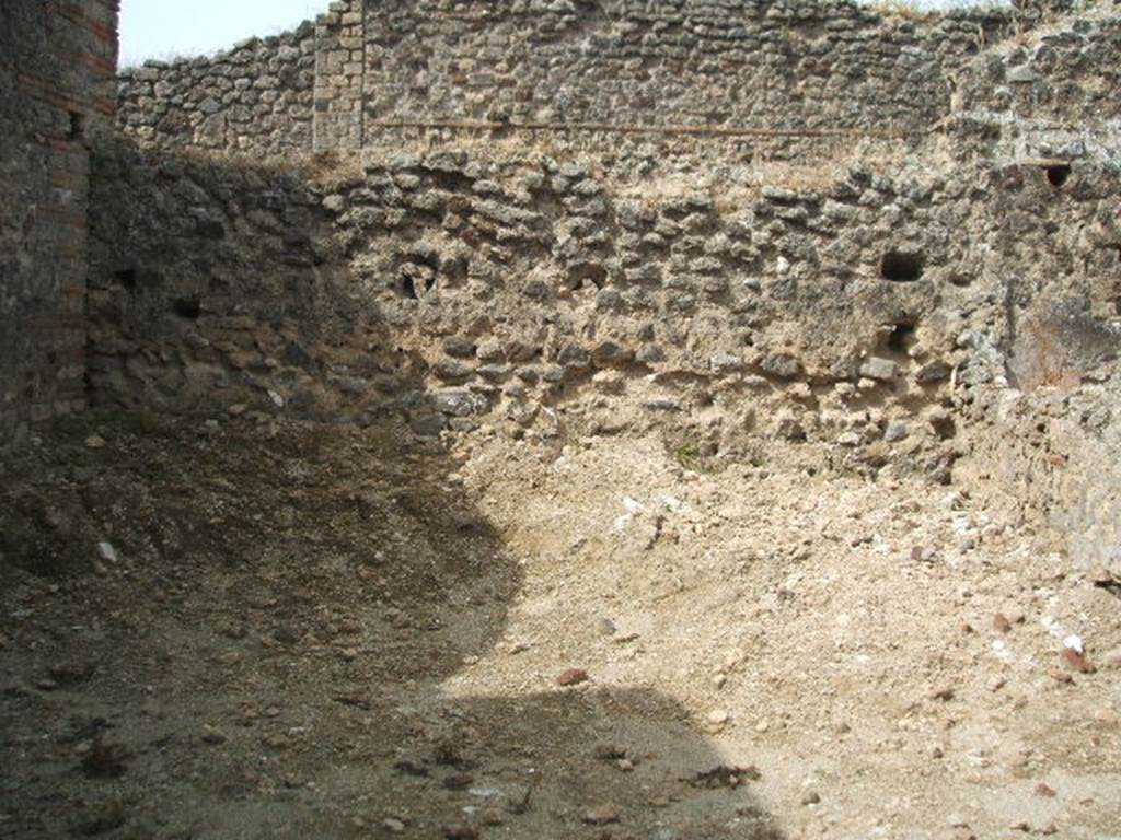 IX.7.21 Pompeii. May 2005. West side of garden area. According to Jashemski, at the rear of the caupona was a small garden area. Amongst the items found in the garden were 3 feet from a marble table, a monopodium, and, set in the soil, several little mill-stones, and a large terracotta dolium. See Jashemski, W. F., 1993. The Gardens of Pompeii, Volume II: Appendices. New York: Caratzas. (p.242)